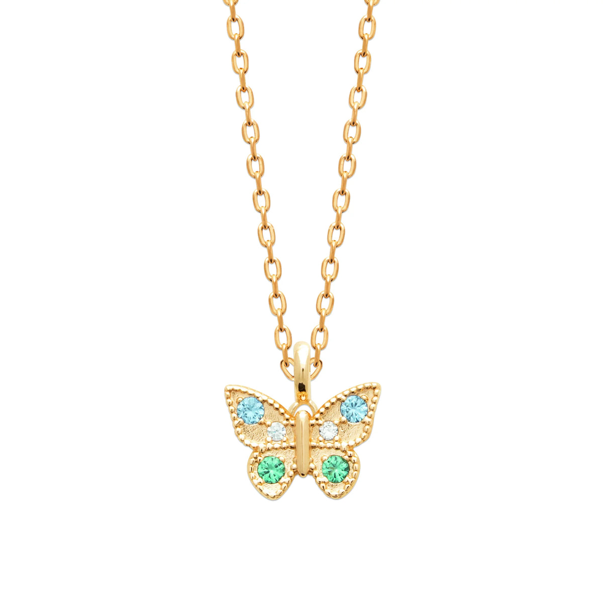 Collier papillon aux pierres bleu ciel et vertes en plaqué or