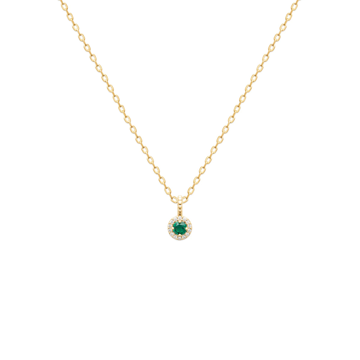 Collier pastille ronde et pierre carrée vert profond en plaqué or