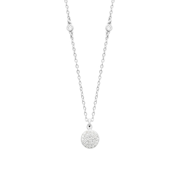 Collier petite pastille ronde pavée de zircons en argent 925 sur chaîne fine ponctuée de deux zircons