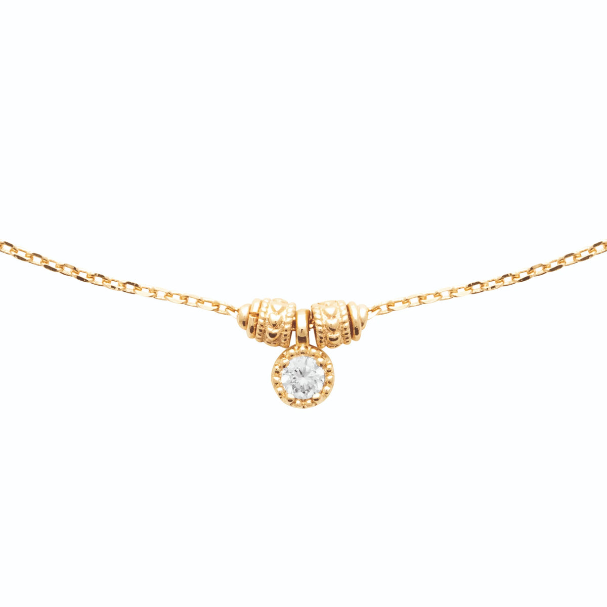 Collier pastille zircon rond et perles ciselées en plaqué or