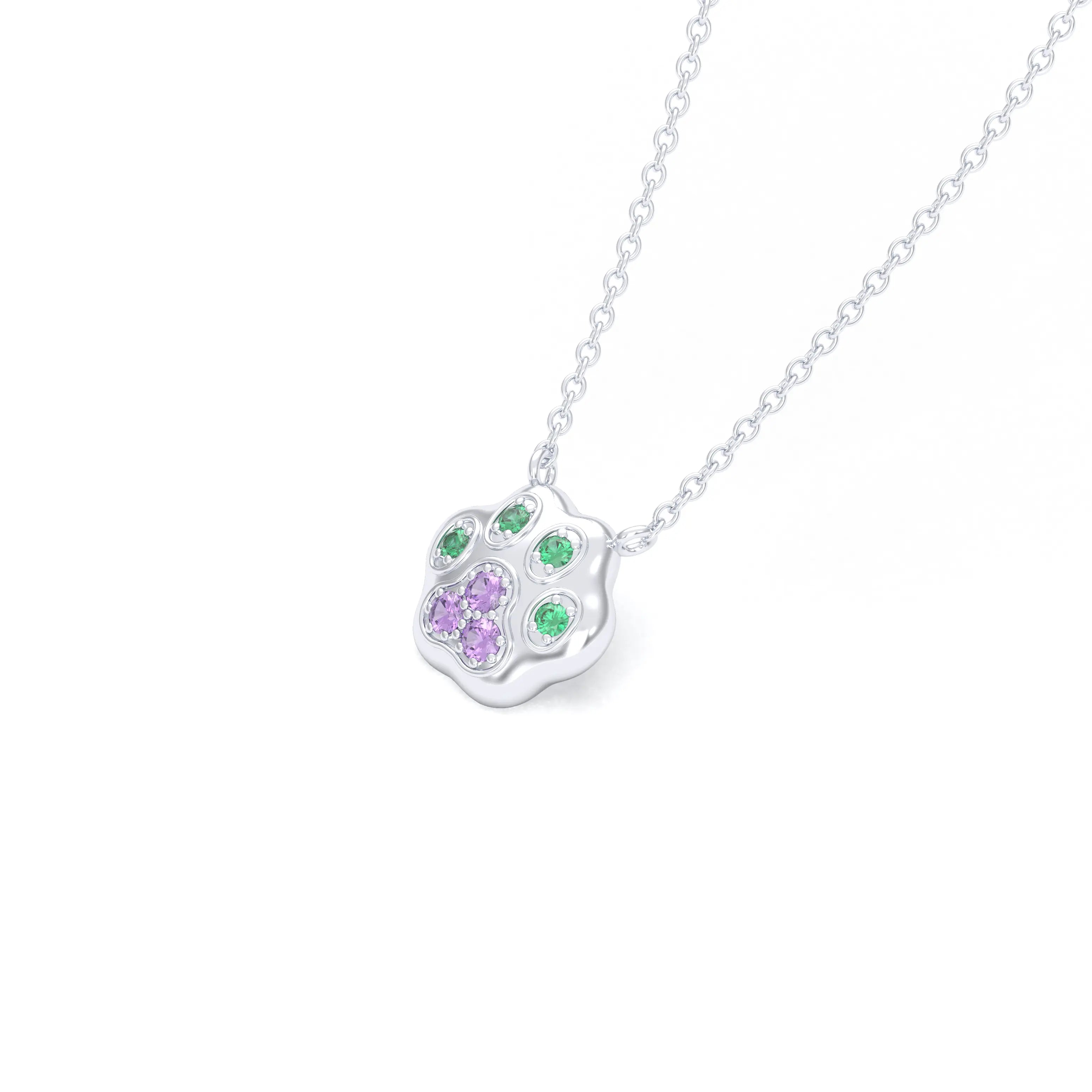Collier Patte de Chat petit modèle en or blanc 18 carats et pierres précieuses au choix Saphirs violets - Émeraudes Pendentif avec chaîne