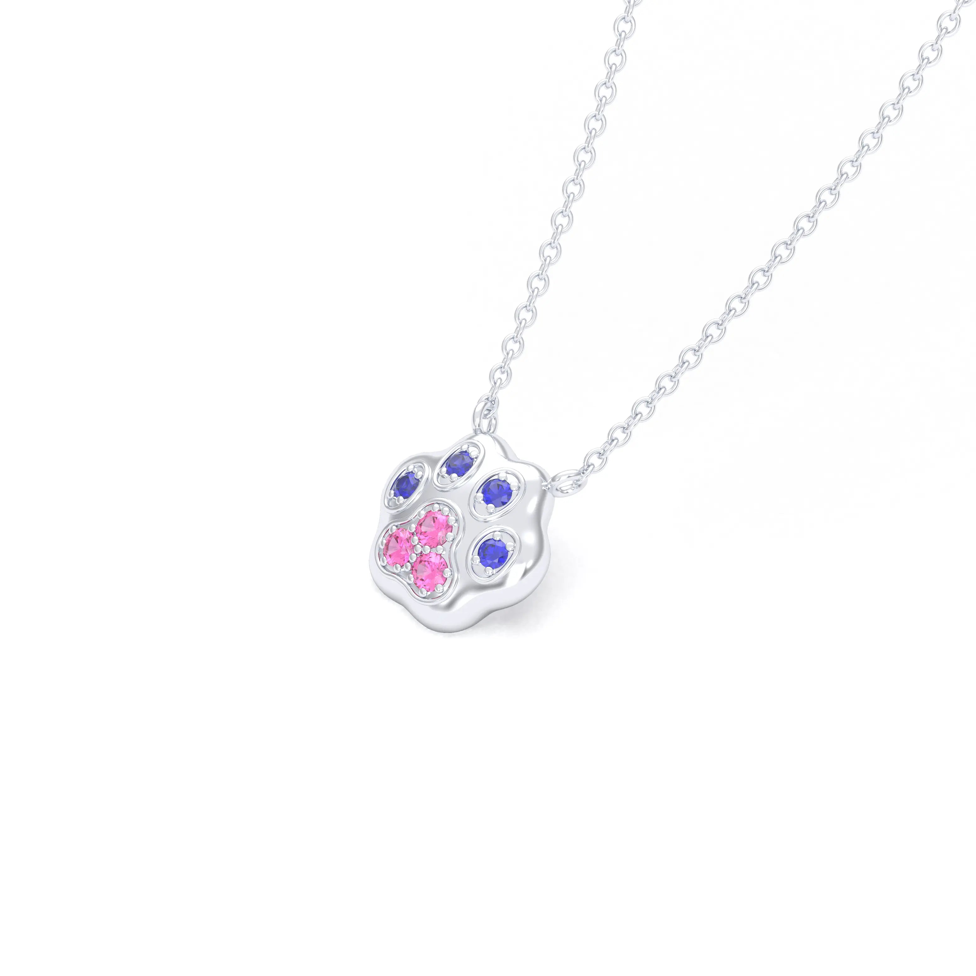 Collier Patte de Chat petit modèle en or blanc 18 carats et pierres précieuses au choix Saphir bleu - Saphir rose Pendentif avec chaîne