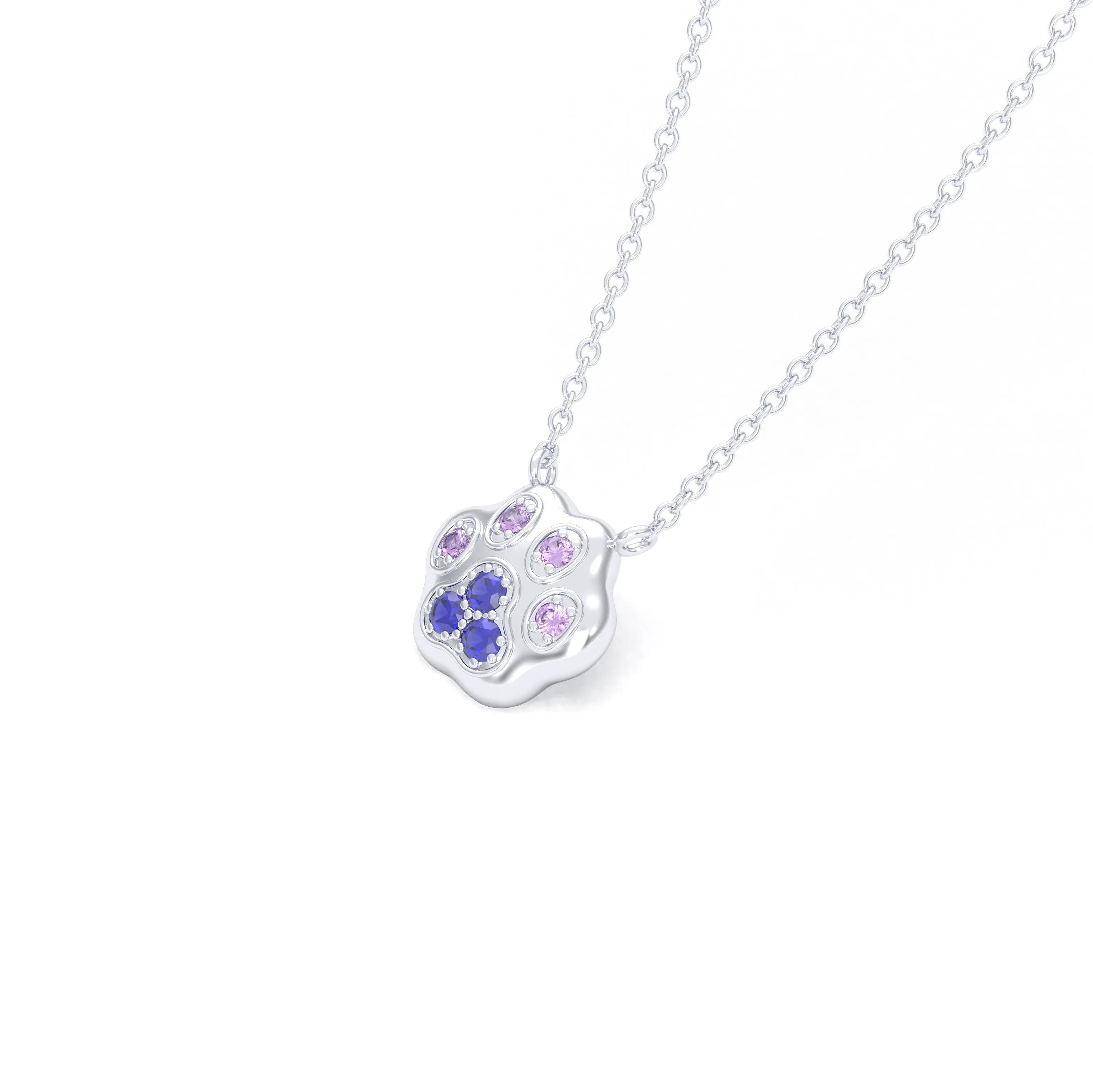 Collier Patte de Chat petit modèle en or blanc 18 carats et pierres précieuses au choix Saphirs bleus - Saphirs violets Pendentif avec chaîne