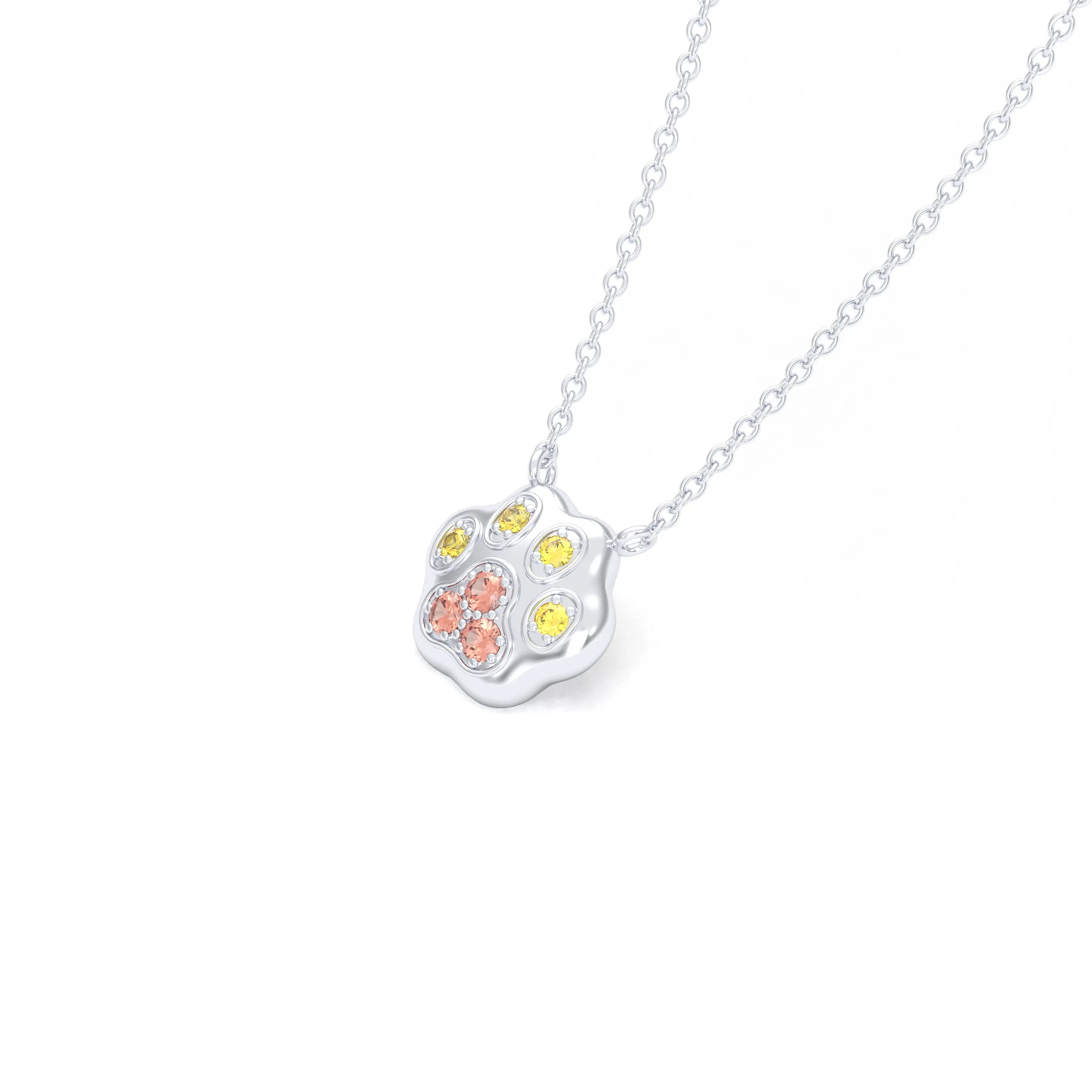 Collier Patte de Chat petit modèle en or blanc 18 carats et pierres précieuses au choix Saphirs pêche - Saphirs jaunes Pendentif avec chaîne