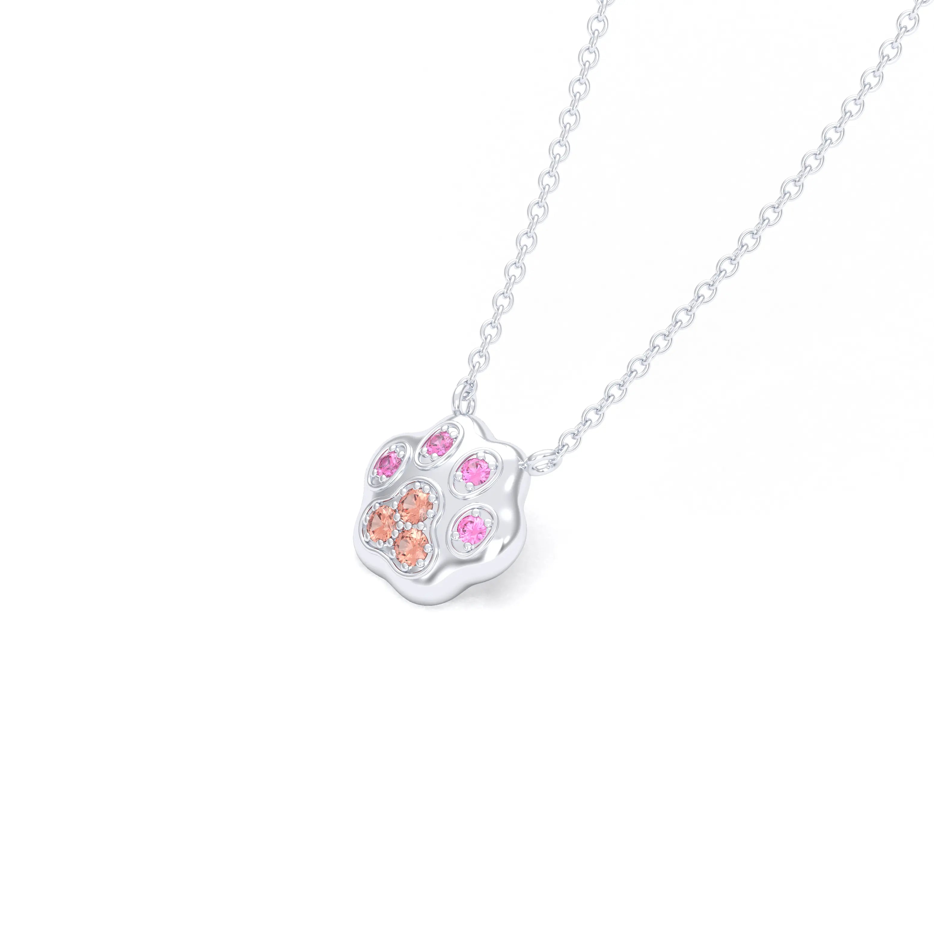 Collier Patte de Chat petit modèle en or blanc 18 carats et pierres précieuses au choix Saphirs pêche - Saphirs roses Pendentif avec chaîne