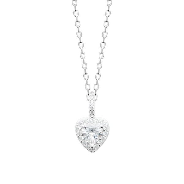 Collier pendentif cœur et halo de zircons en argent 925, vue de face