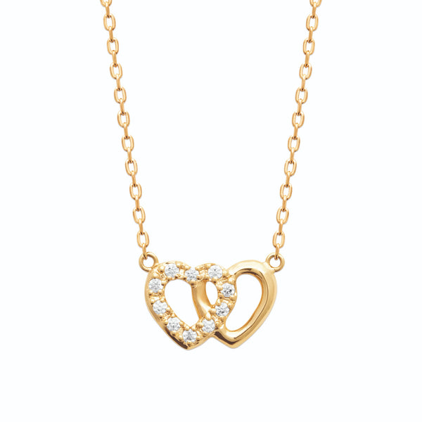 Collier pendentif deux cœurs entrelacés zircons en plaqué or