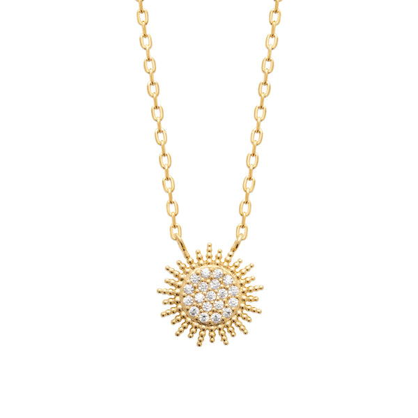 Collier pendentif disque soleil pavé de zircons en plaqué or