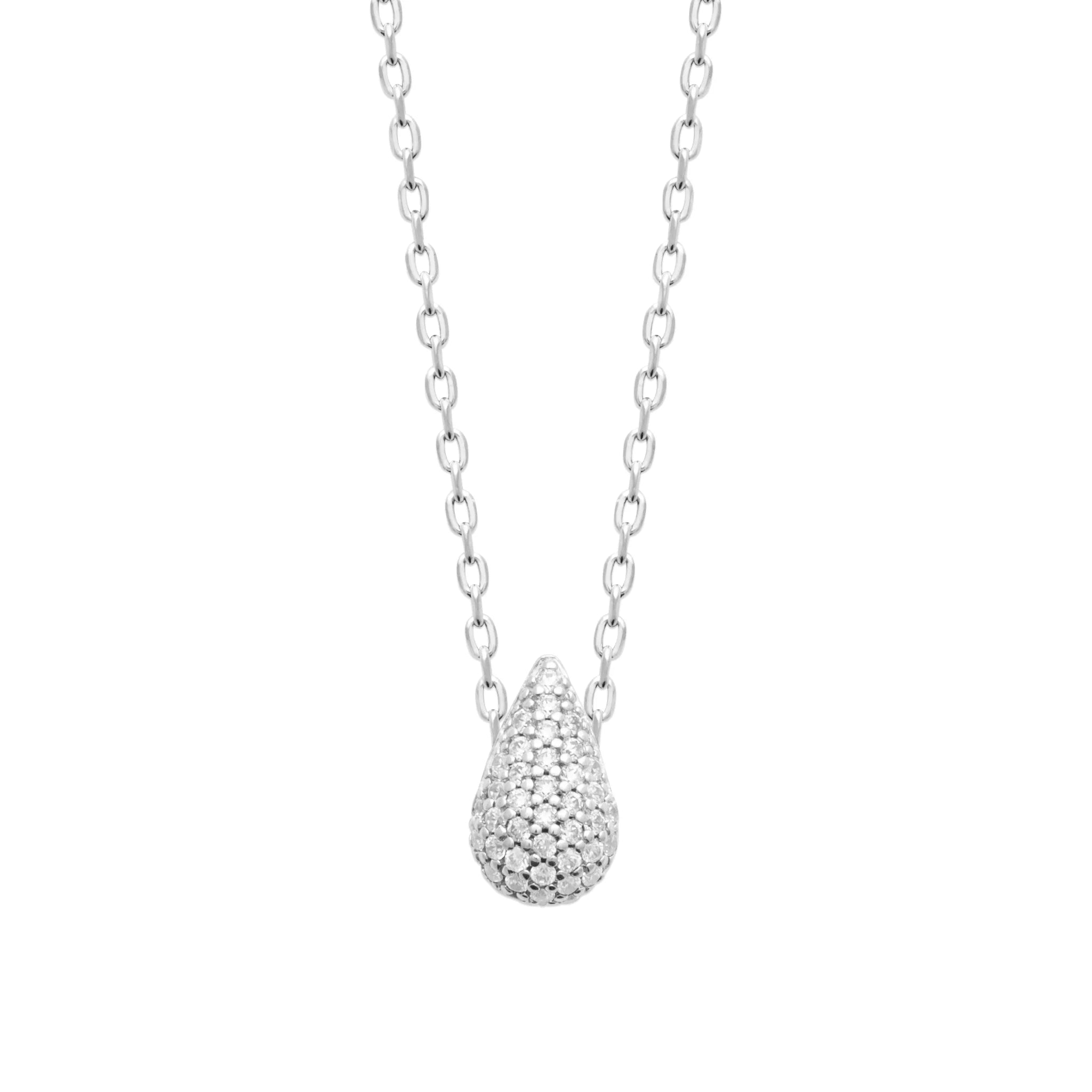 Collier pendentif goutte bombée pavée de zircons en argent 925, vue de face