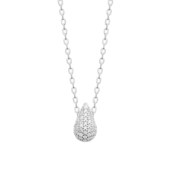 Collier pendentif goutte bombée pavée de zircons en argent 925, vue de face