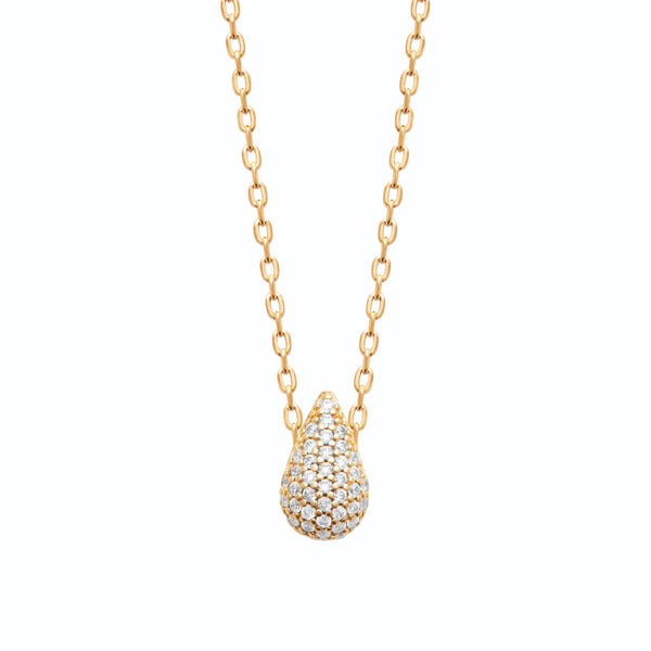 Collier pendentif goutte bombée pavée de zircons en plaqué or