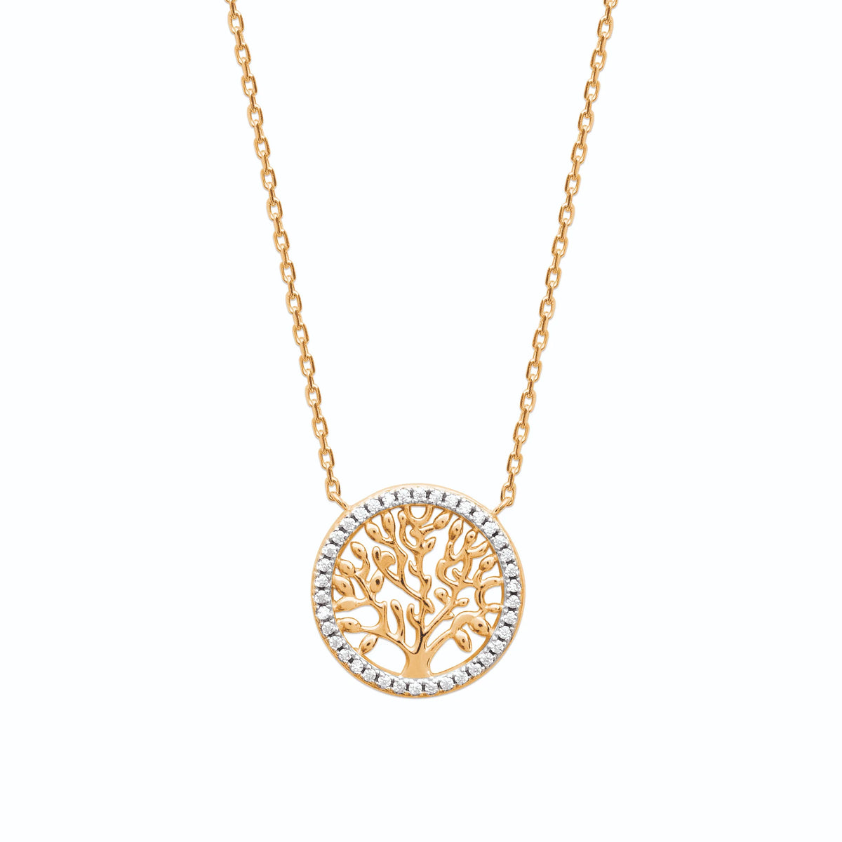 Collier pendentif médaillon arbre de vie pavé de zircons en plaqué or