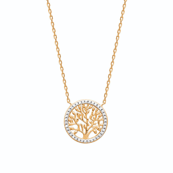Collier pendentif médaillon arbre de vie pavé de zircons en plaqué or