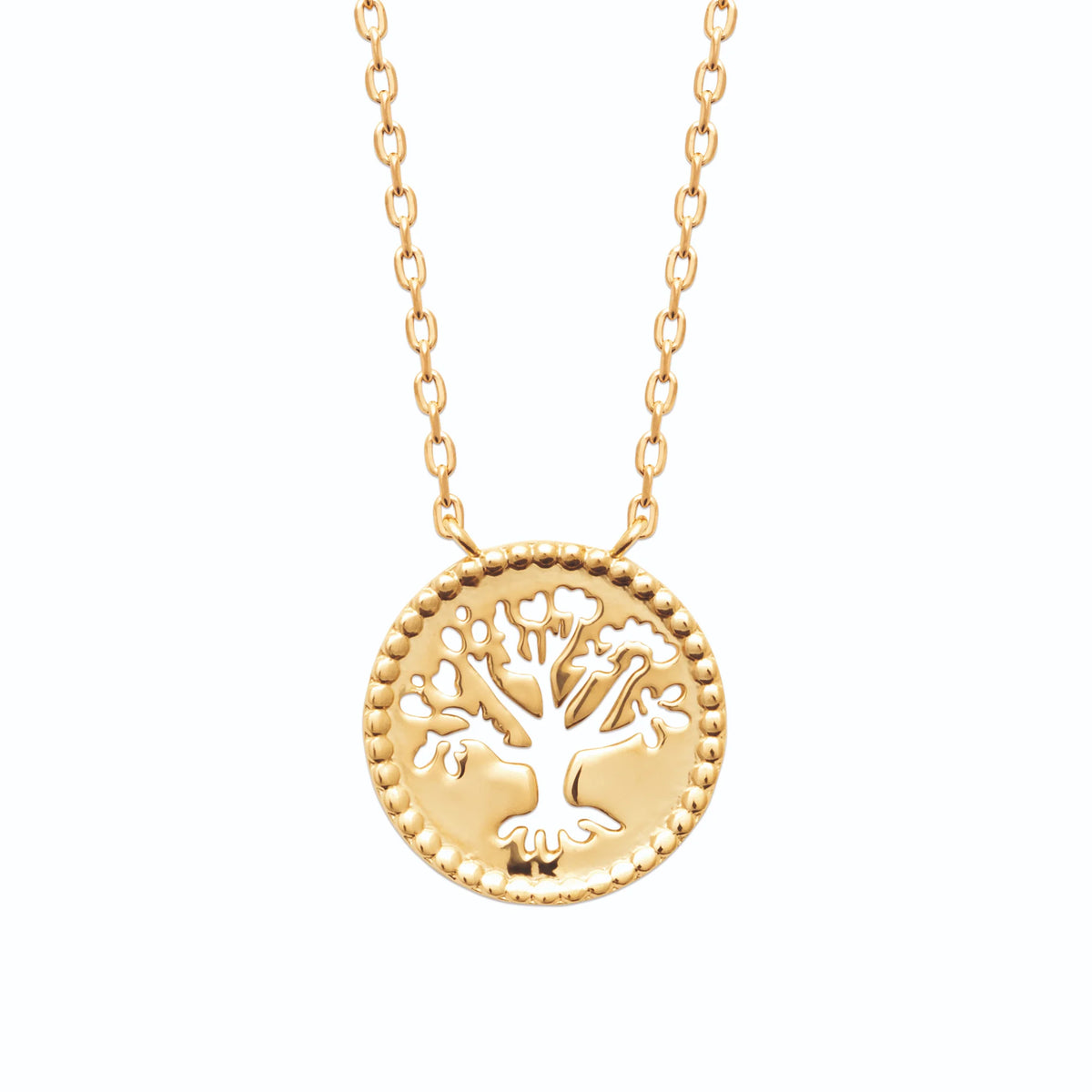 Collier pendentif médaillon perlé arbre de vie en plaqué or