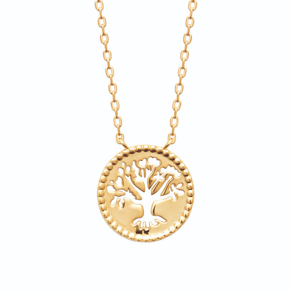 Collier pendentif médaillon perlé arbre de vie en plaqué or