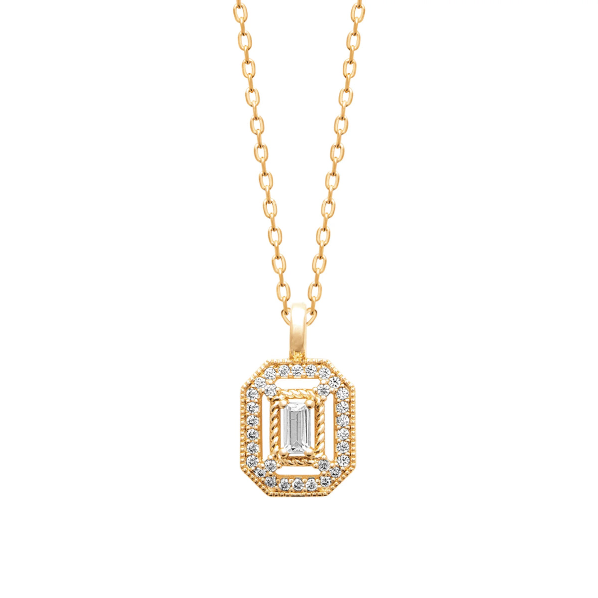 Collier pendentif octogonal à zircon baguette en plaqué or