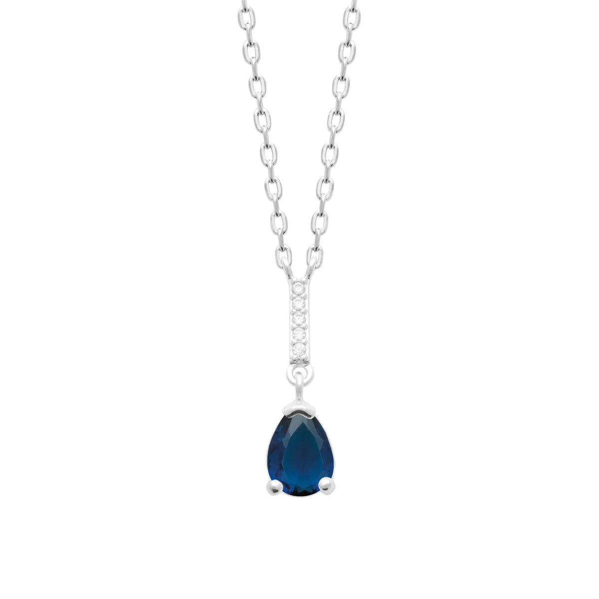 Collier pendentif pierre bleu nuit taille poire et bélière pavée en argent 925, vue de face