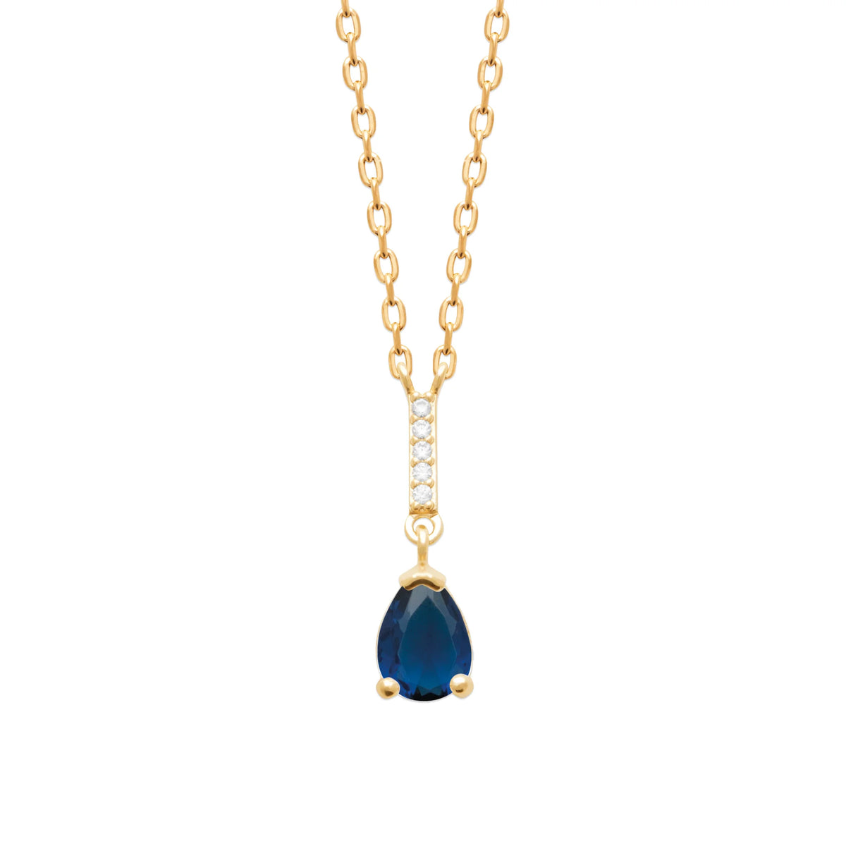 Collier pendentif pierre bleu profond taille poire et bélière pavée en plaqué or