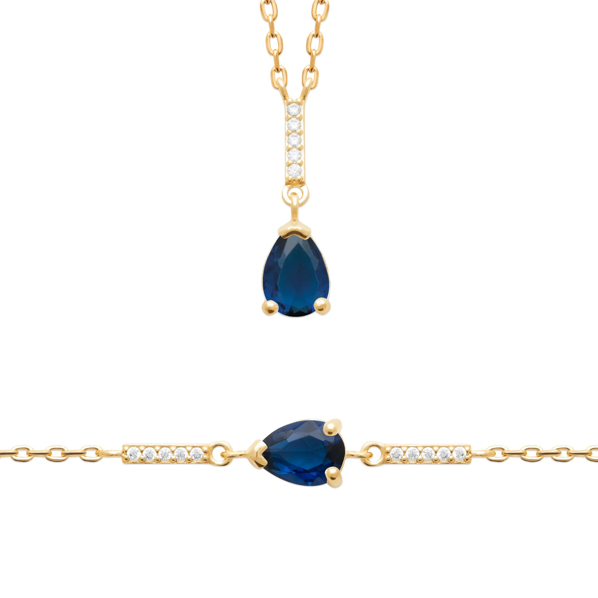 Collier pendentif pierre bleu profond taille poire et bélière pavée en plaqué or
