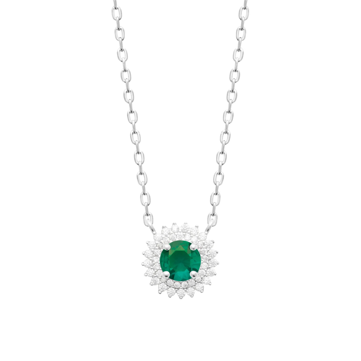 Collier pendentif pierre verte ronde et double halo de zircons en argent 925, vue de face