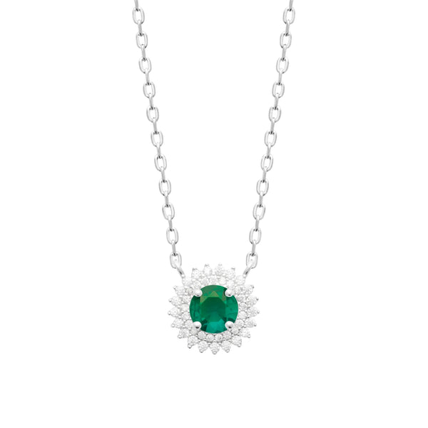 Collier pendentif pierre verte ronde et double halo de zircons en argent 925, vue de face