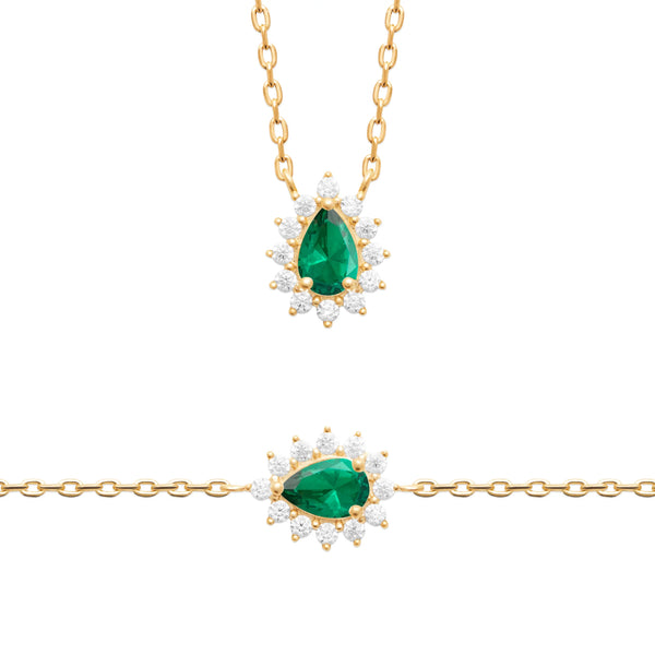 Collier pendentif pierre verte taille poire et halo de zircons en plaqué or