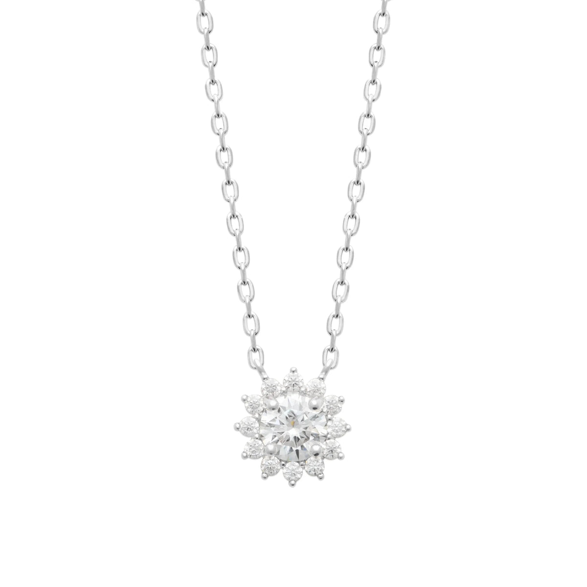Collier pendentif soleil de zircons en argent 925, vue de face