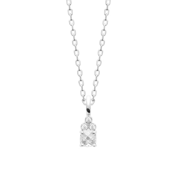 Collier pendentif zircon coussin et trio de zircons en argent 925, vue de face
