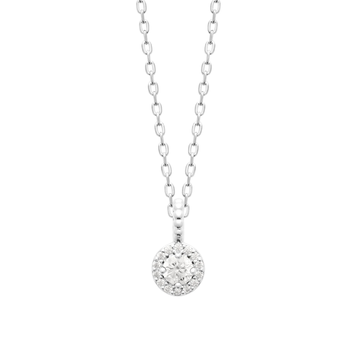 Collier pendentif zircon rond et halo de zircons en argent 925, vue de face