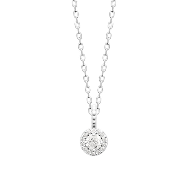 Collier pendentif zircon rond et halo de zircons en argent 925, vue de face