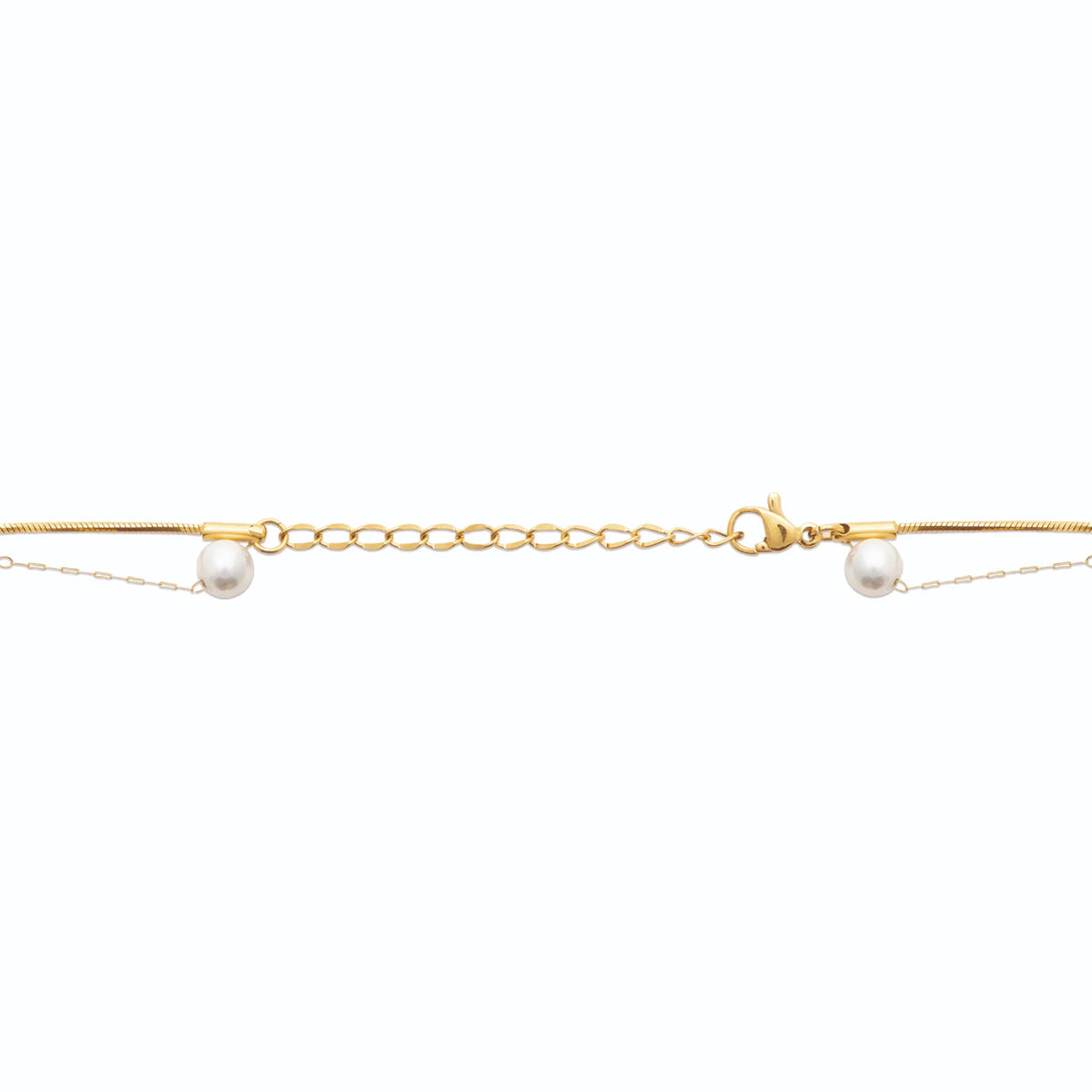 Collier double rang perles espacées et chaîne serpent en acier doré