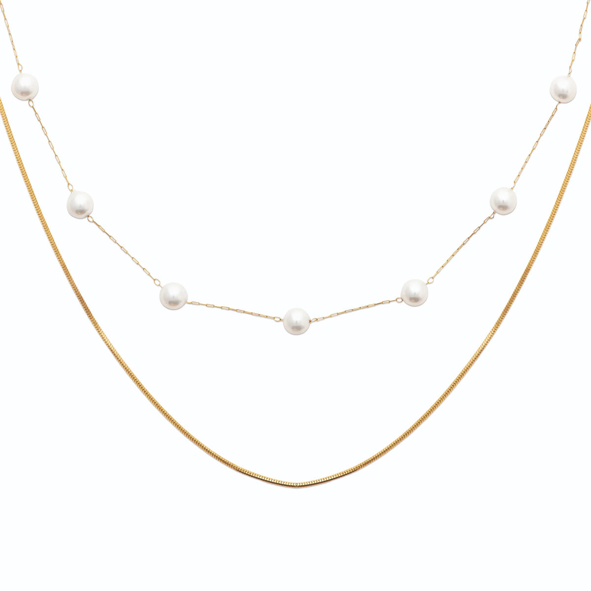 Collier double rang perles espacées et chaîne serpent en acier doré