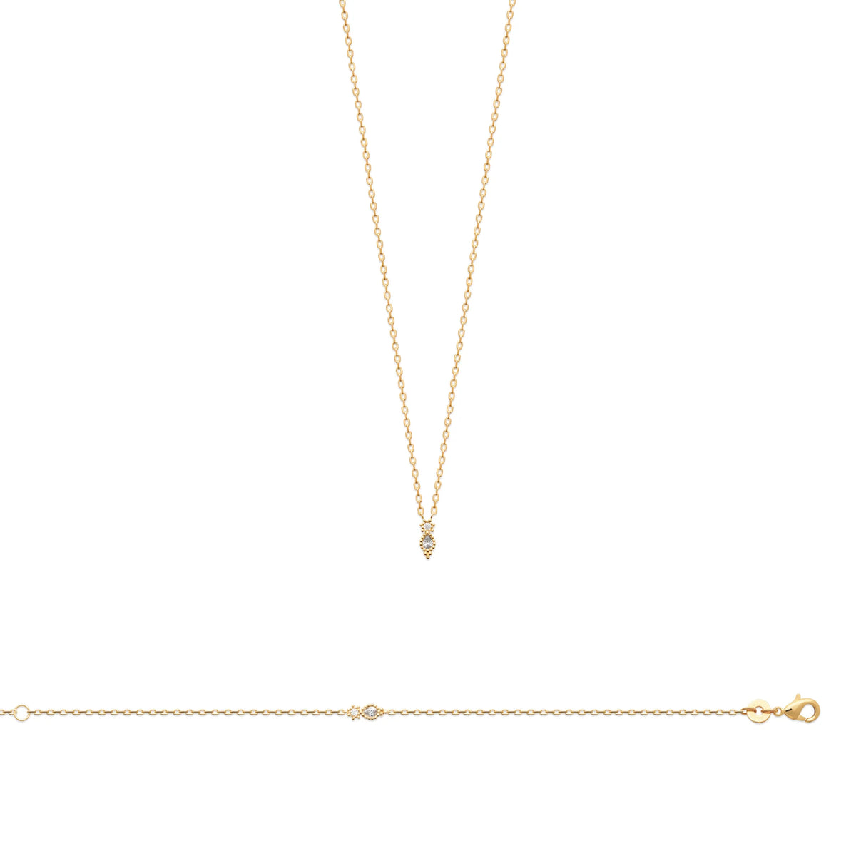 Collier petit losange perlé et double zircon en plaqué or