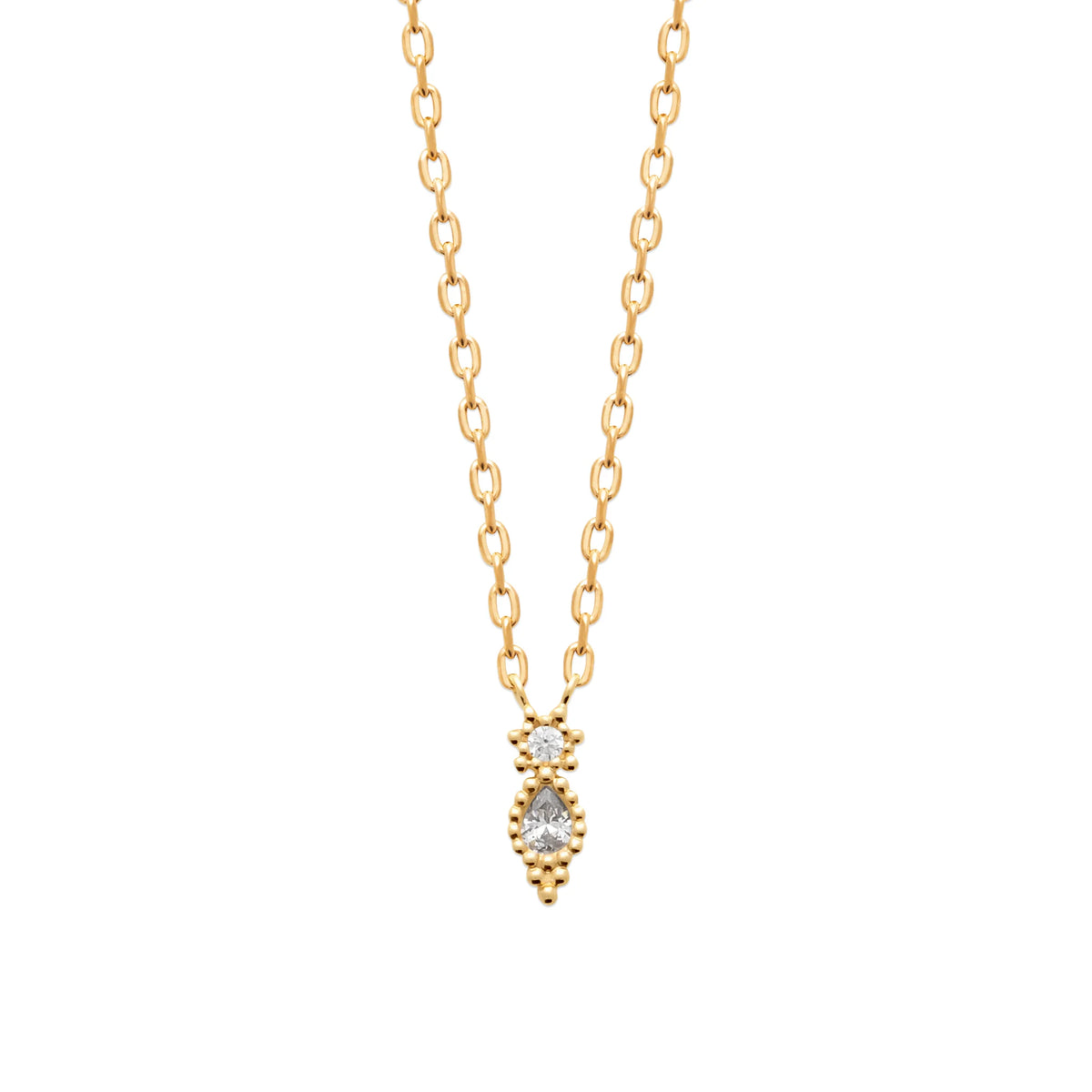 Collier petit losange perlé et double zircon en plaqué or