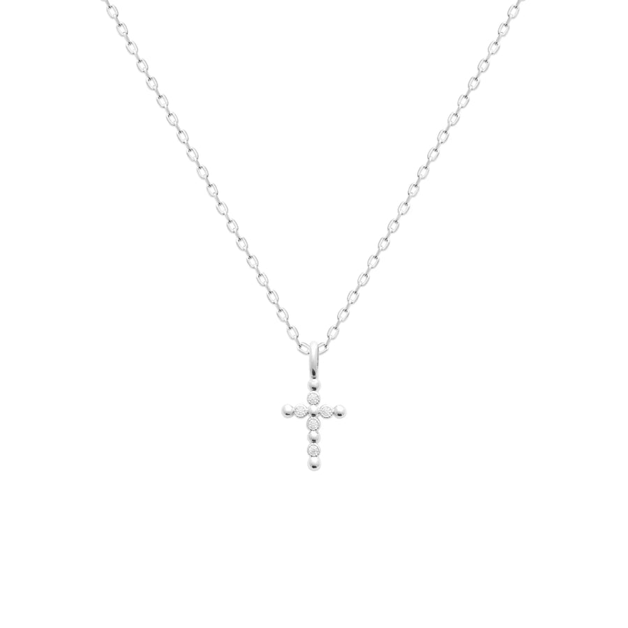 Collier petite croix de perles de métal et zircons en argent 925, porté