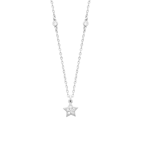 Collier petite étoile pavée de zircons en argent 925, chaîne fine ponctuée de deux zircons sertis clos