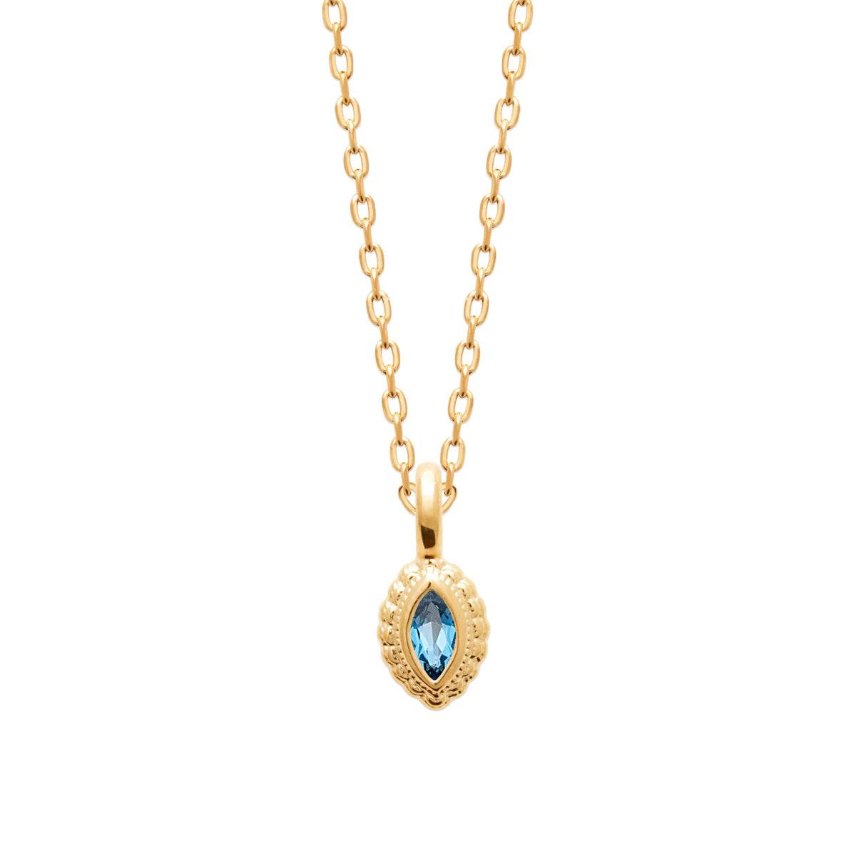 Collier pierre bleue navette dans un entourage festonné en plaqué or