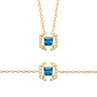 Collier pierre carrée bleu profond et crochets pavés de zircons en plaqué or