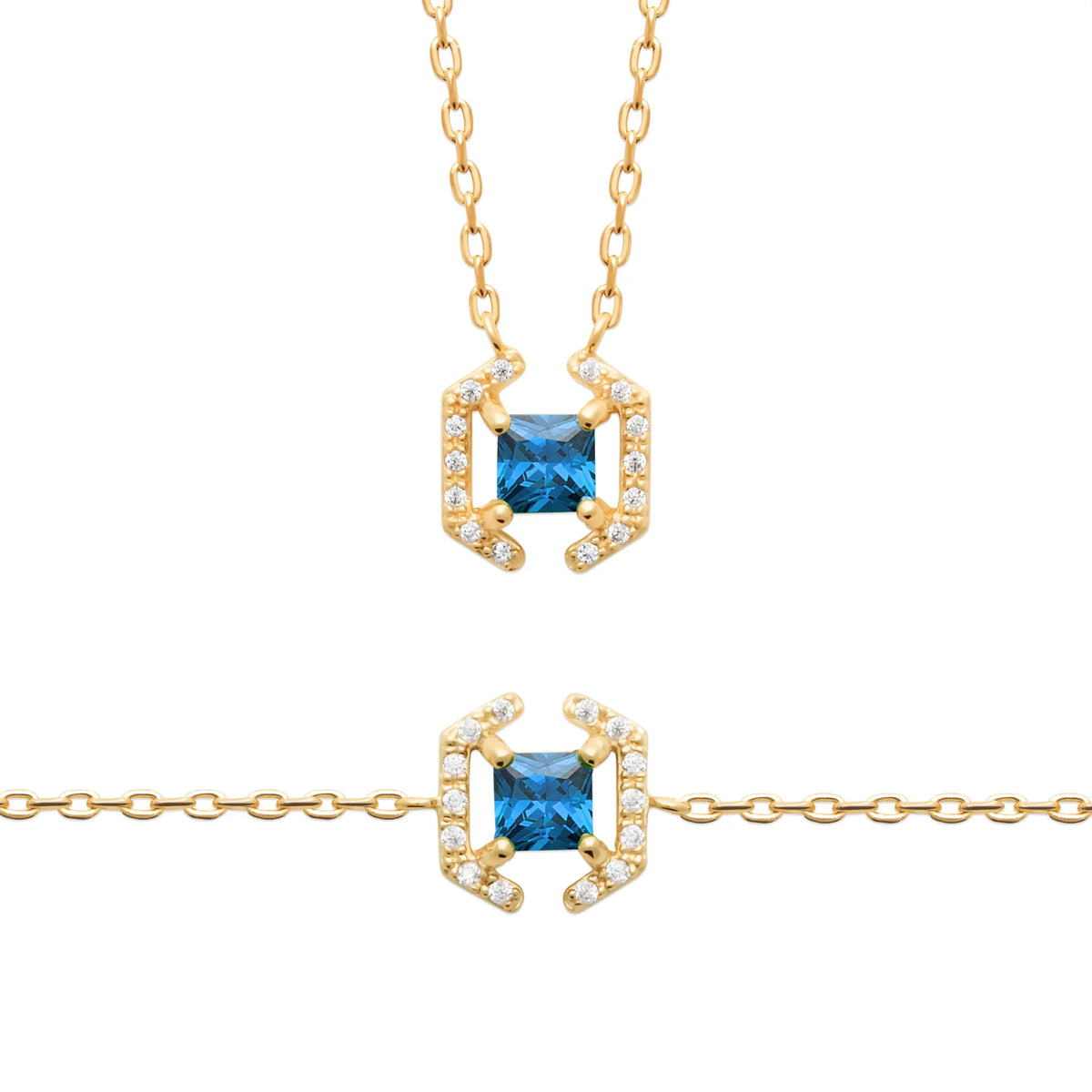 Collier pierre carrée bleu profond et crochets pavés de zircons en plaqué or