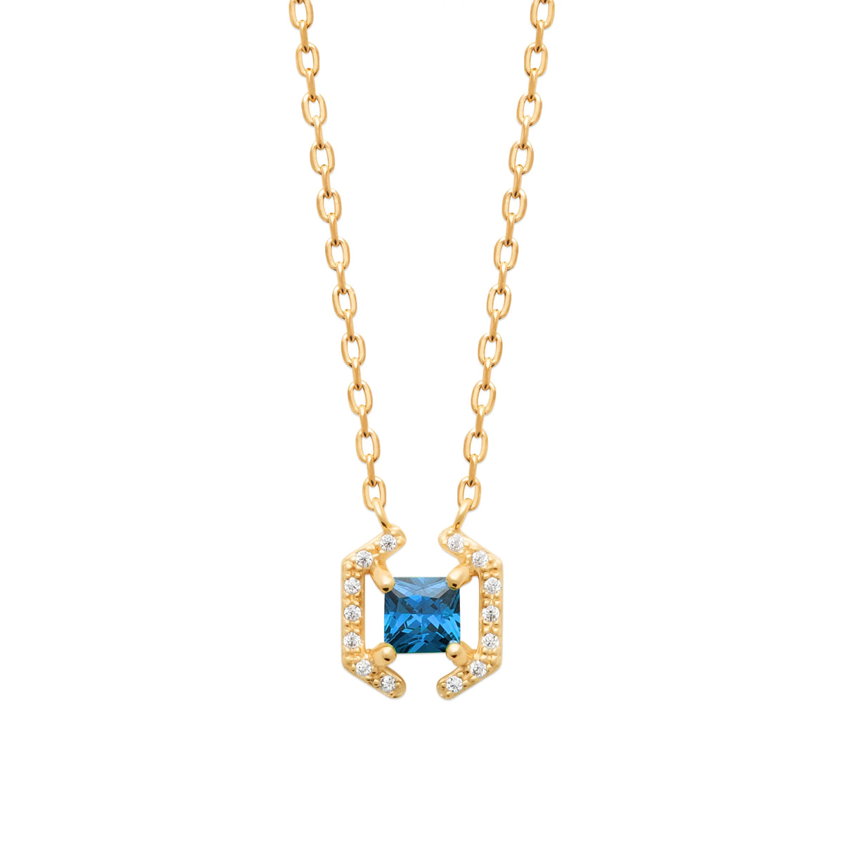 Collier pierre carrée bleu profond et crochets pavés de zircons en plaqué or