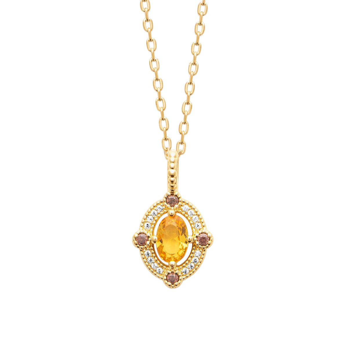 Collier pierre ovale jaune soleil et halo de zircons en plaqué or