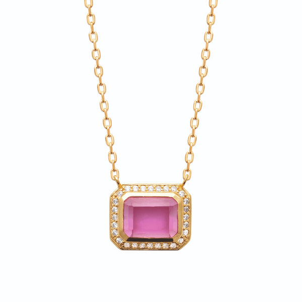 Collier pierre rose fuchsia et halo de zircons en plaqué or