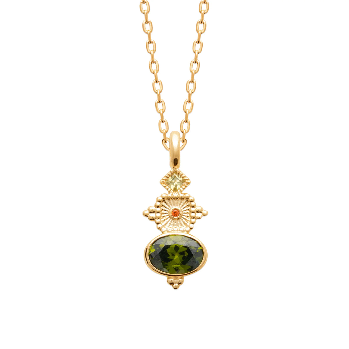 Collier pierre ovale vert olive et soleil ciselé en plaqué or