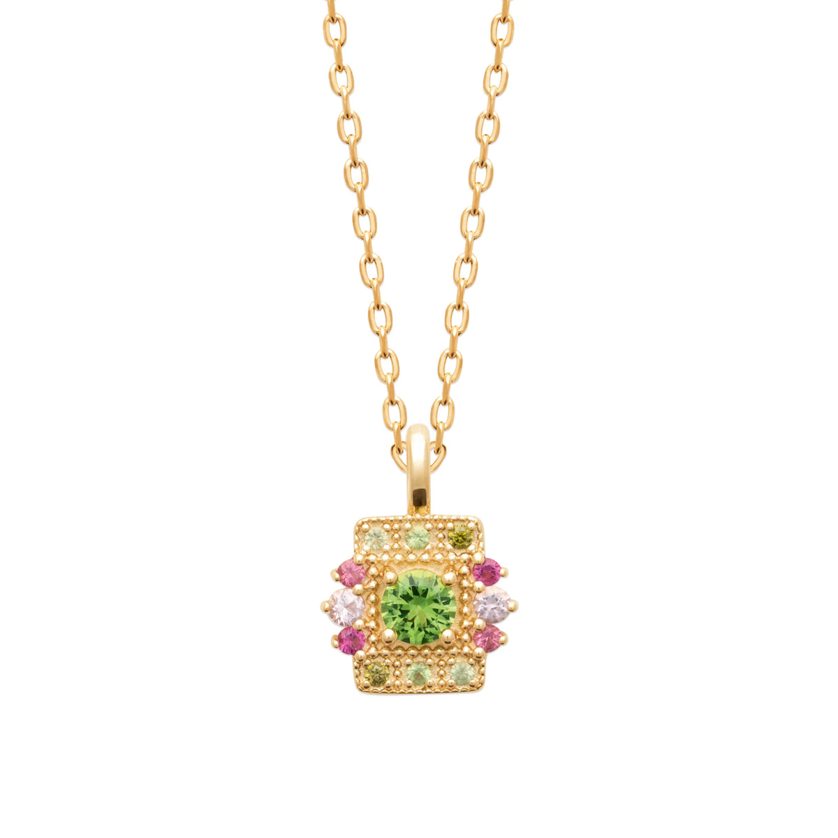 Collier plaque carrée à pierre verte et entourage rose en plaqué or