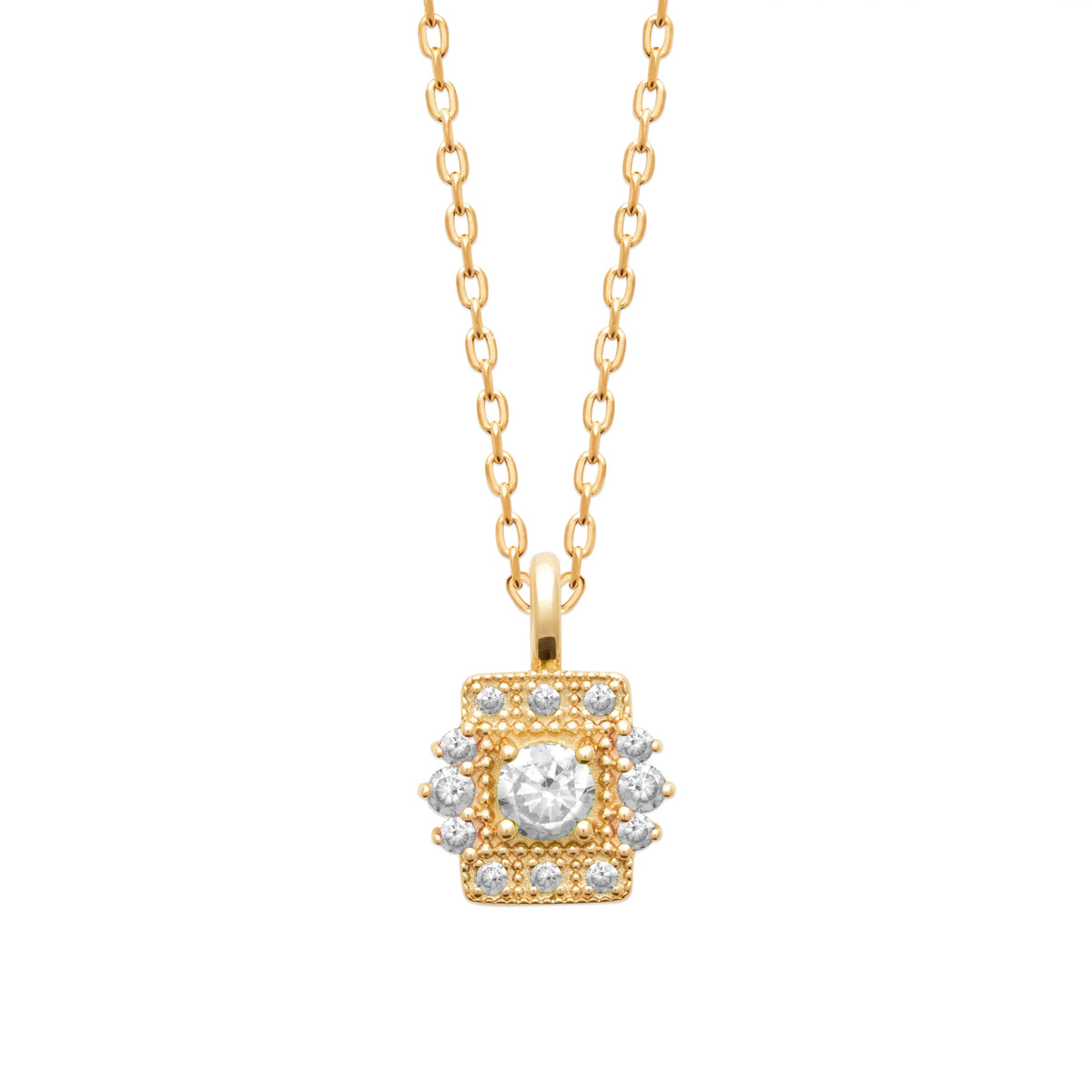 Collier plaque carrée à zircon central et entourage blanc en plaqué or