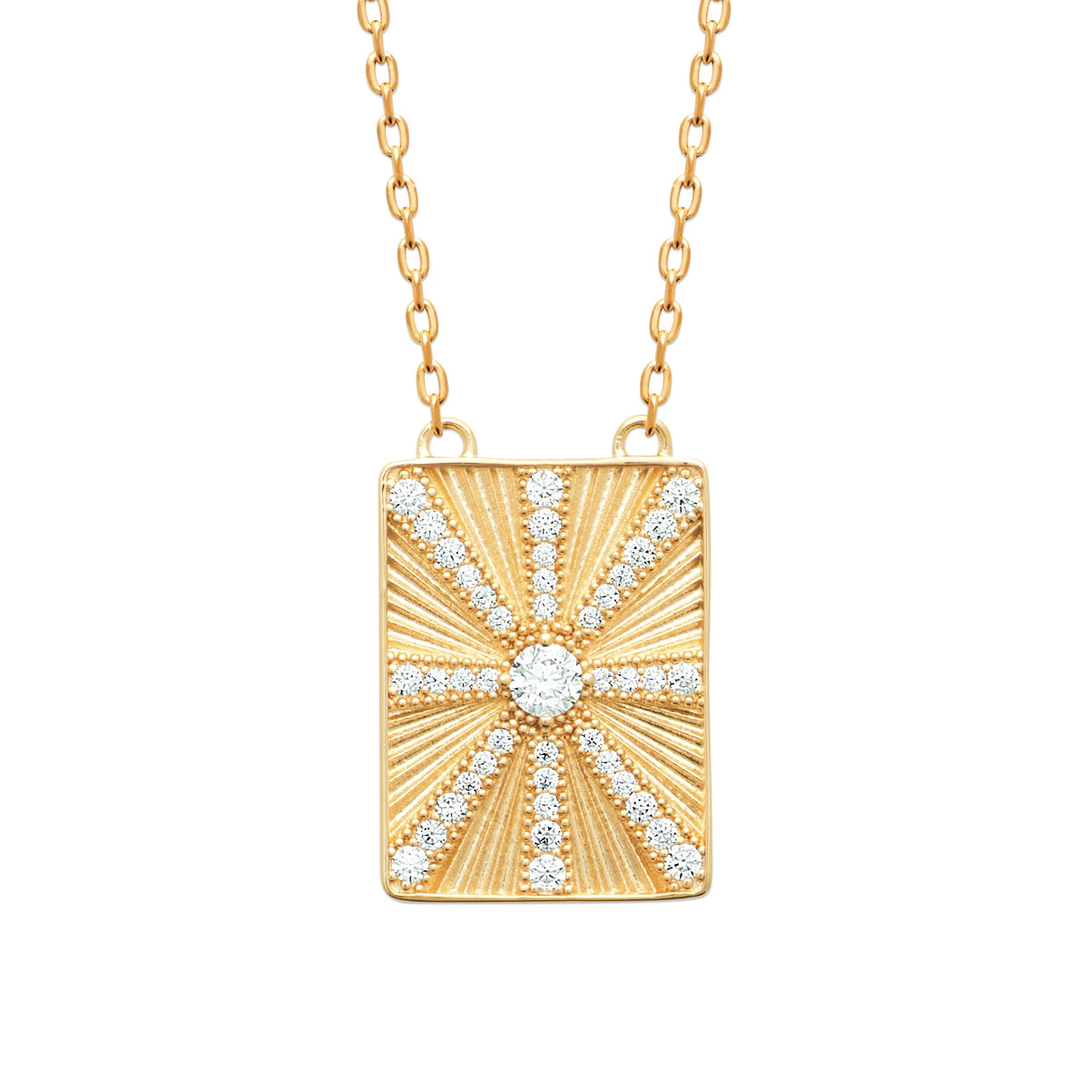 Collier plaque rayonnante et croix de zircons en plaqué or
