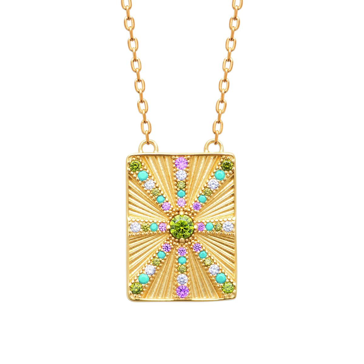 Collier plaque rayonnante aux pierres multicolores en plaqué or
