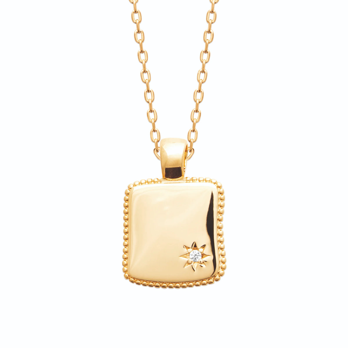 Collier plaque rectangulaire perlée et zircon étoilé en plaqué or