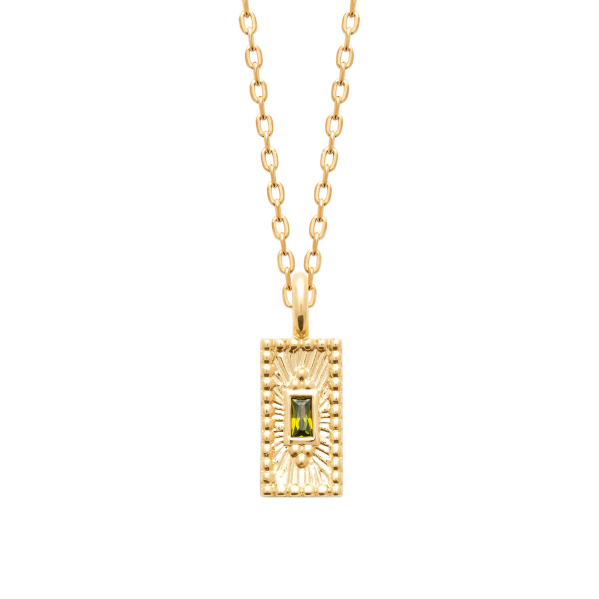 Collier plaquette rayonnée et pierre baguette vert olive en plaqué or