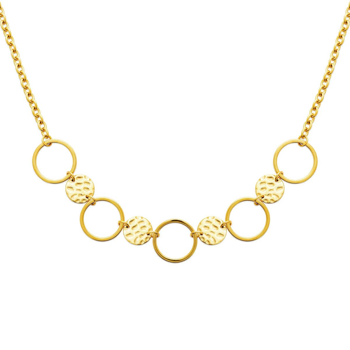 Collier plastron d’anneaux lisses et pastilles martelées en acier doré
